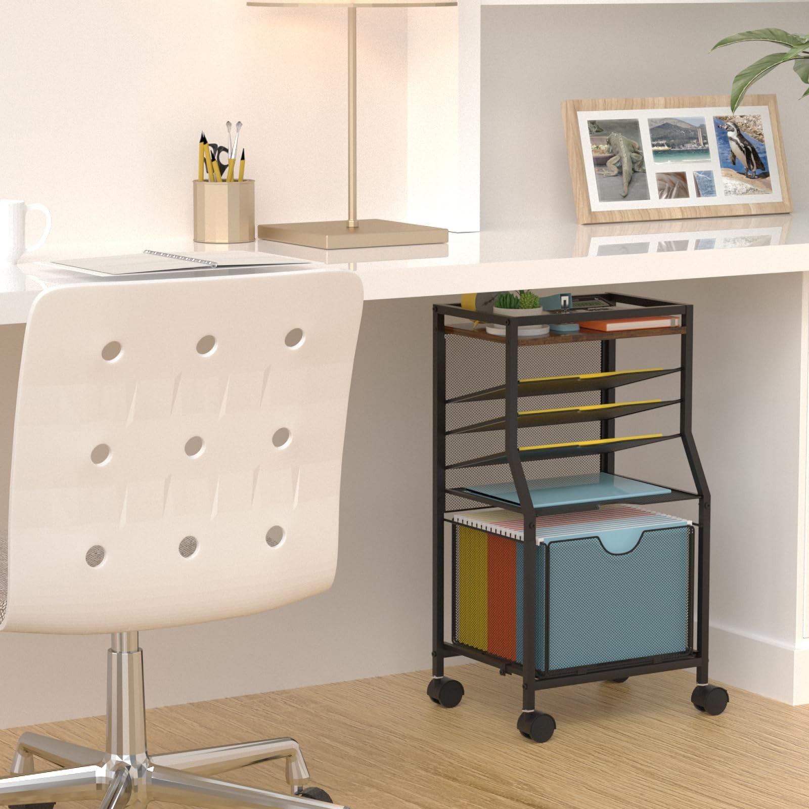 BOHDK 6-tier rolling file cart with lockable wheels and brown wood finish, ideal for organizing office documents and supplies