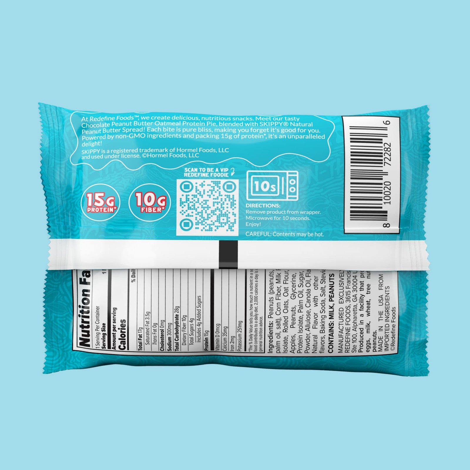 Redefine Foods Oatmeal Protein Pie with Skippy Chocolate flavor, 8-pack, featuring 15g of protein per pie.