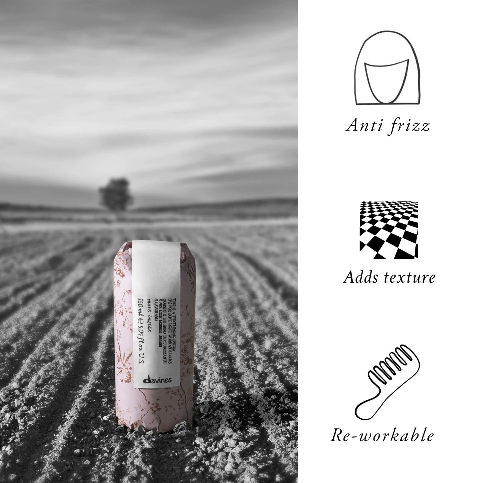 Davines This is a Texturizing Serum bottle with a pump dispenser, showcasing the product for creating body and structure in hair.