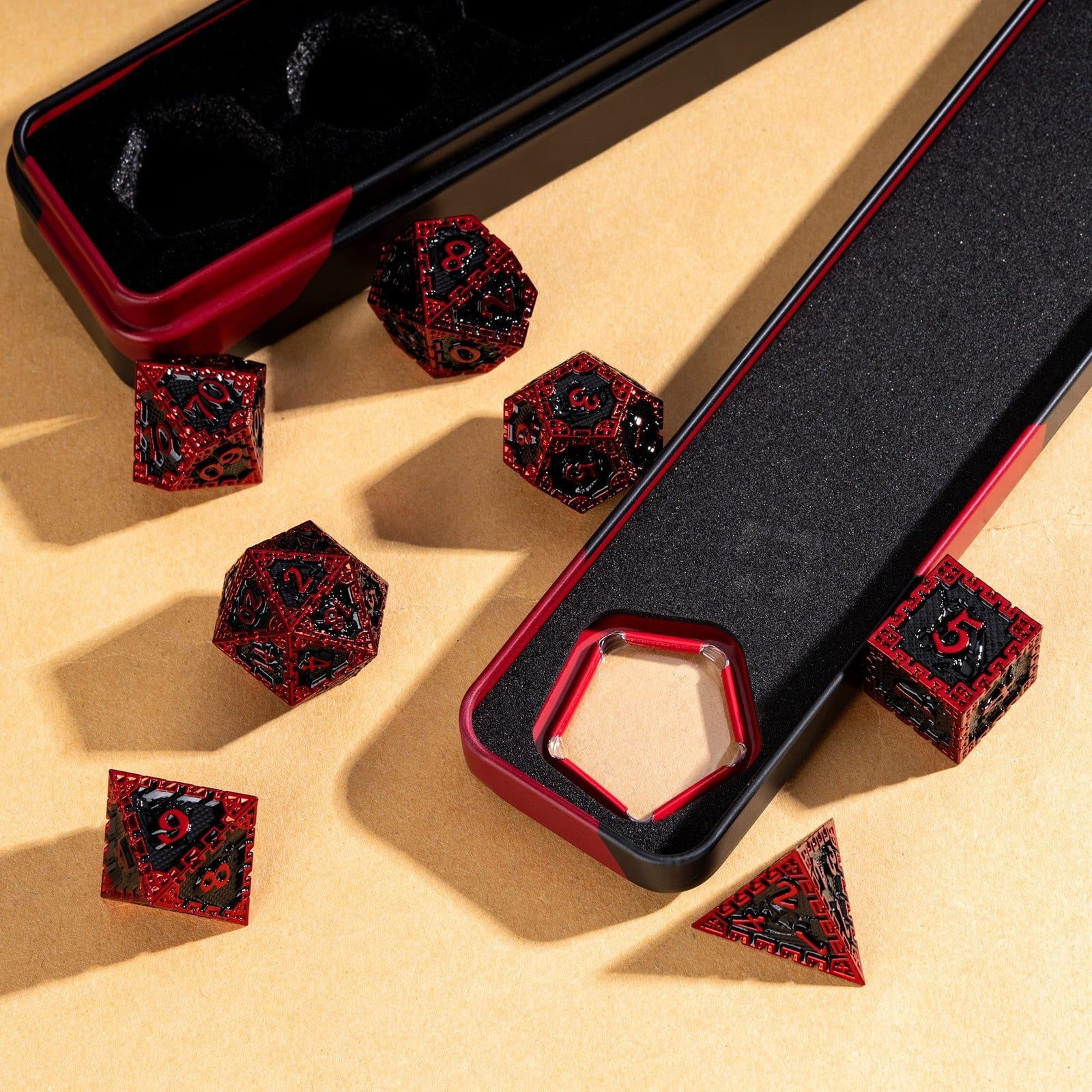 UDIXI metal D&D dice set with seven polyhedral metal dice featuring dragon design, displayed on a neutral background.