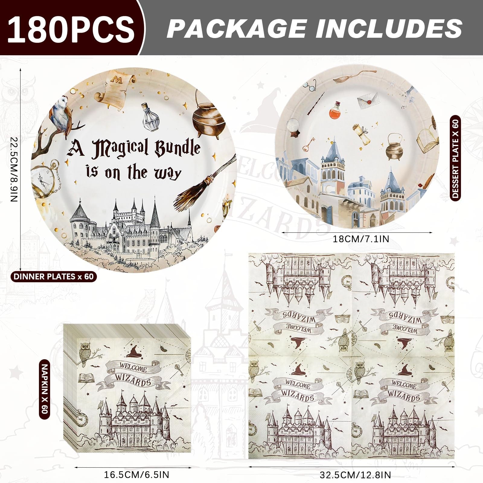 Dhnvcud 180-piece magical wizard-themed party supplies set with colorful paper plates and napkins for kids' celebrations
