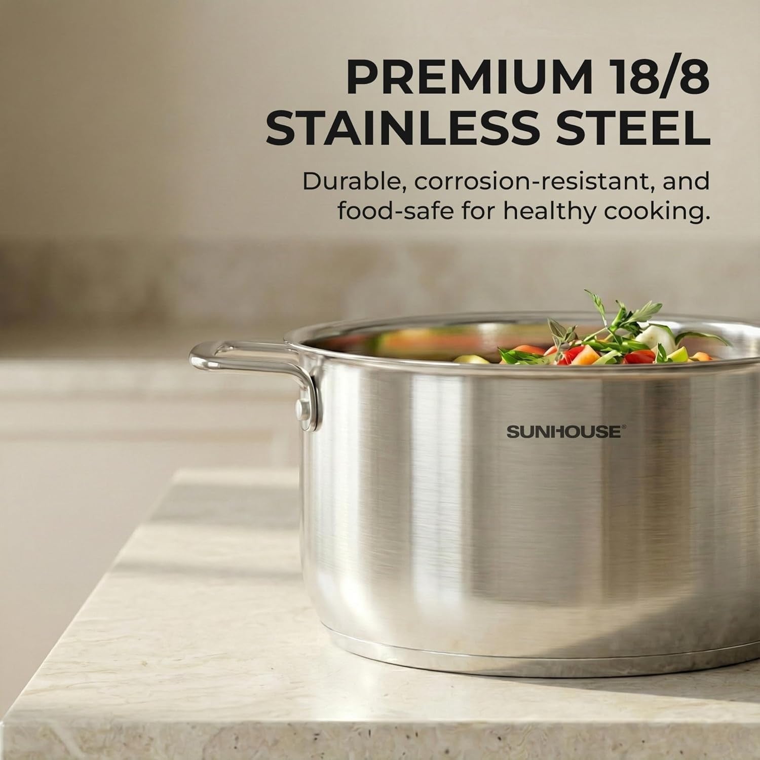 Sunhouse 6.5 Quart stainless steel stock pot with heavy-duty construction, suitable for induction cooking, shown with handles and lid