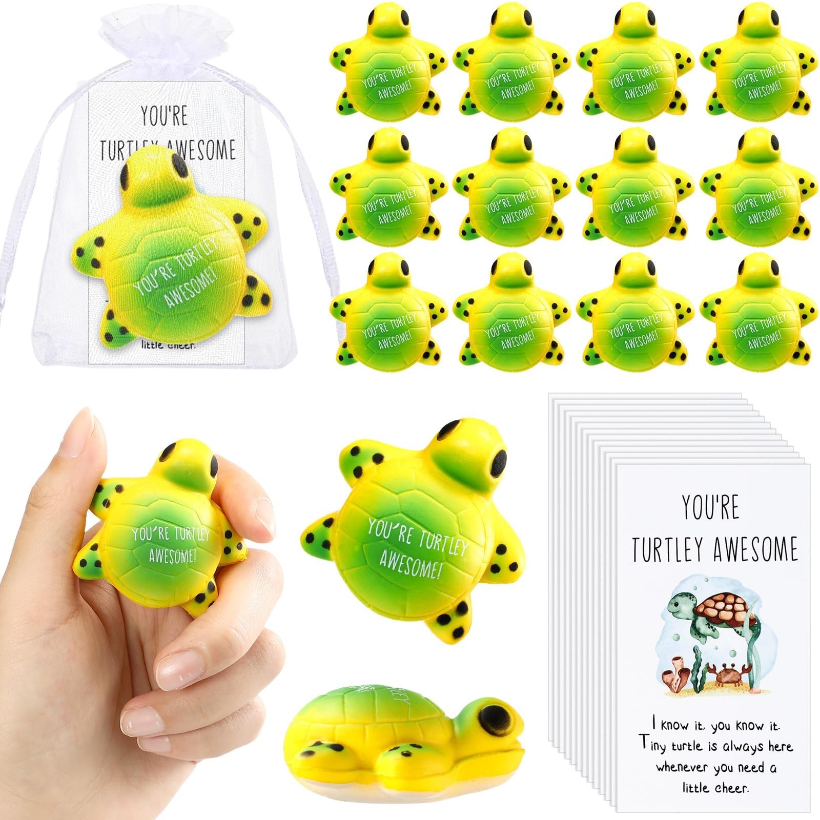 Libima 50-pack turtle stress balls with motivational quotes for adults, soft silicone, colorful, and squeezable for stress relief.