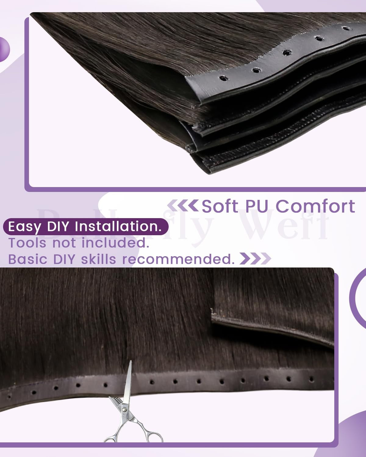 Dark brown Laavoo weft butterfly hair extensions with invisible PU holes, 22 inches long and 80g weight, displayed on a mannequin head.