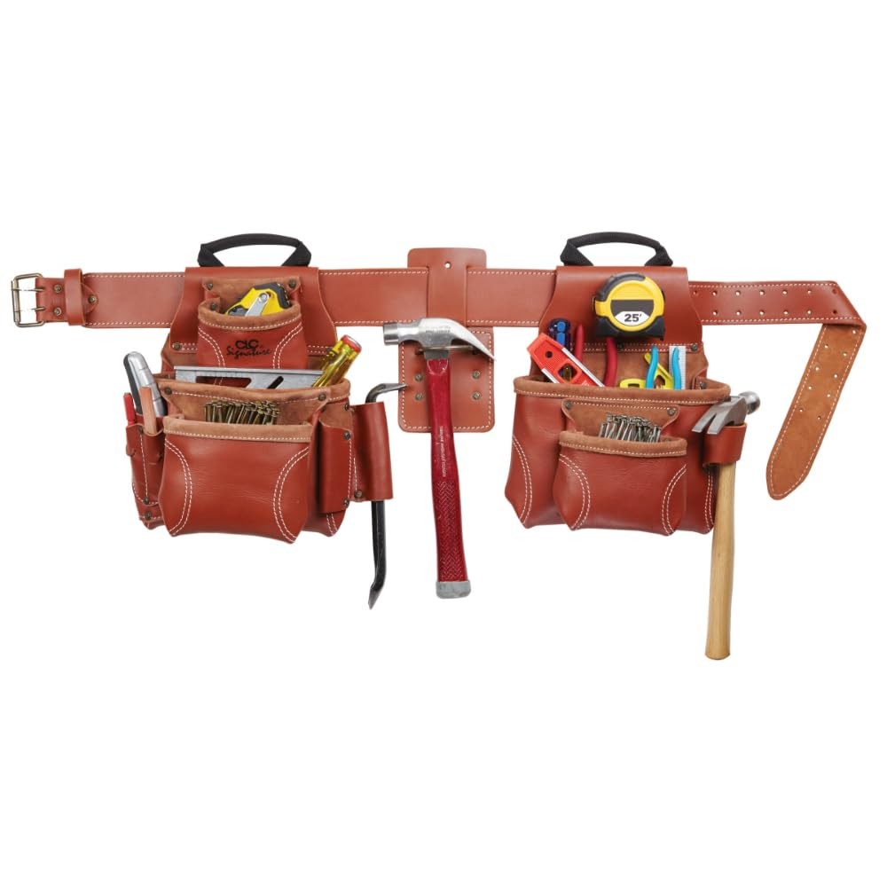 Custom Leathercraft 21448 4-piece Pro Framer's Combo System tool belt with 15 pockets, durable leather and reinforced design.