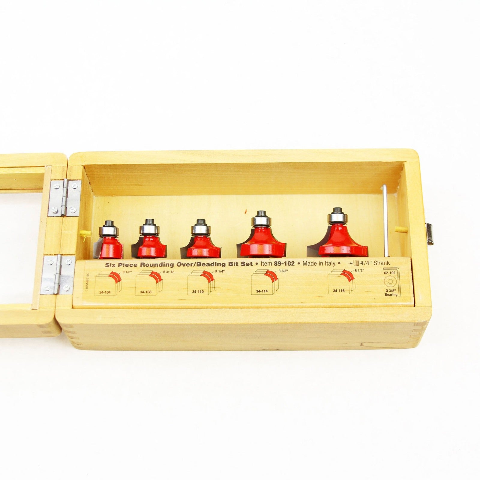 Freud 89-102 5-piece round over and beading router bit set with 1/4-inch shank, featuring different decorative profile bits.