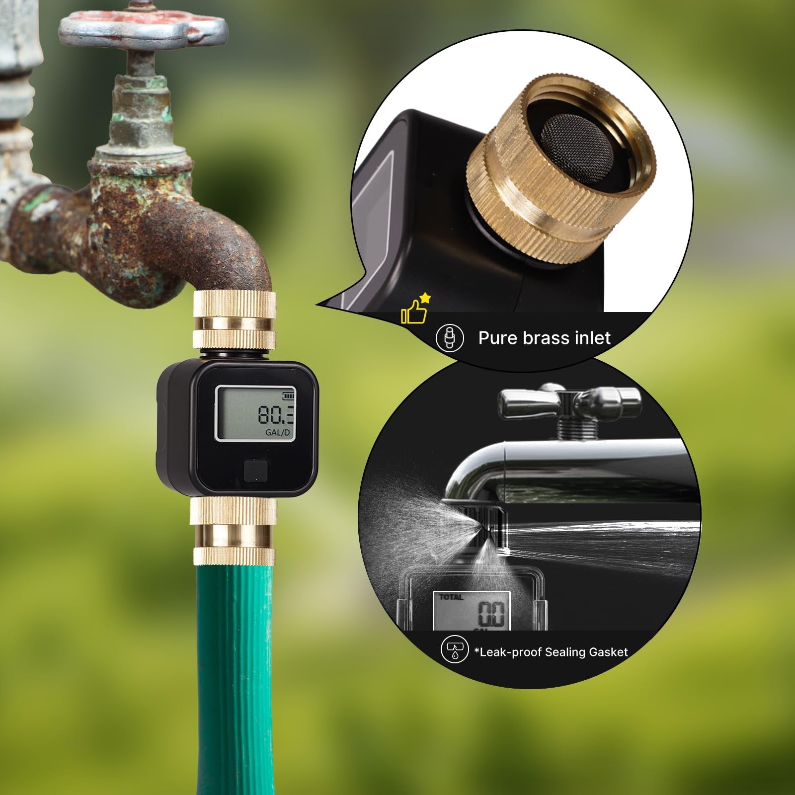 MOES water flow meter with brass inlet, metal threaded connection, measuring water consumption in gallons or liters.
