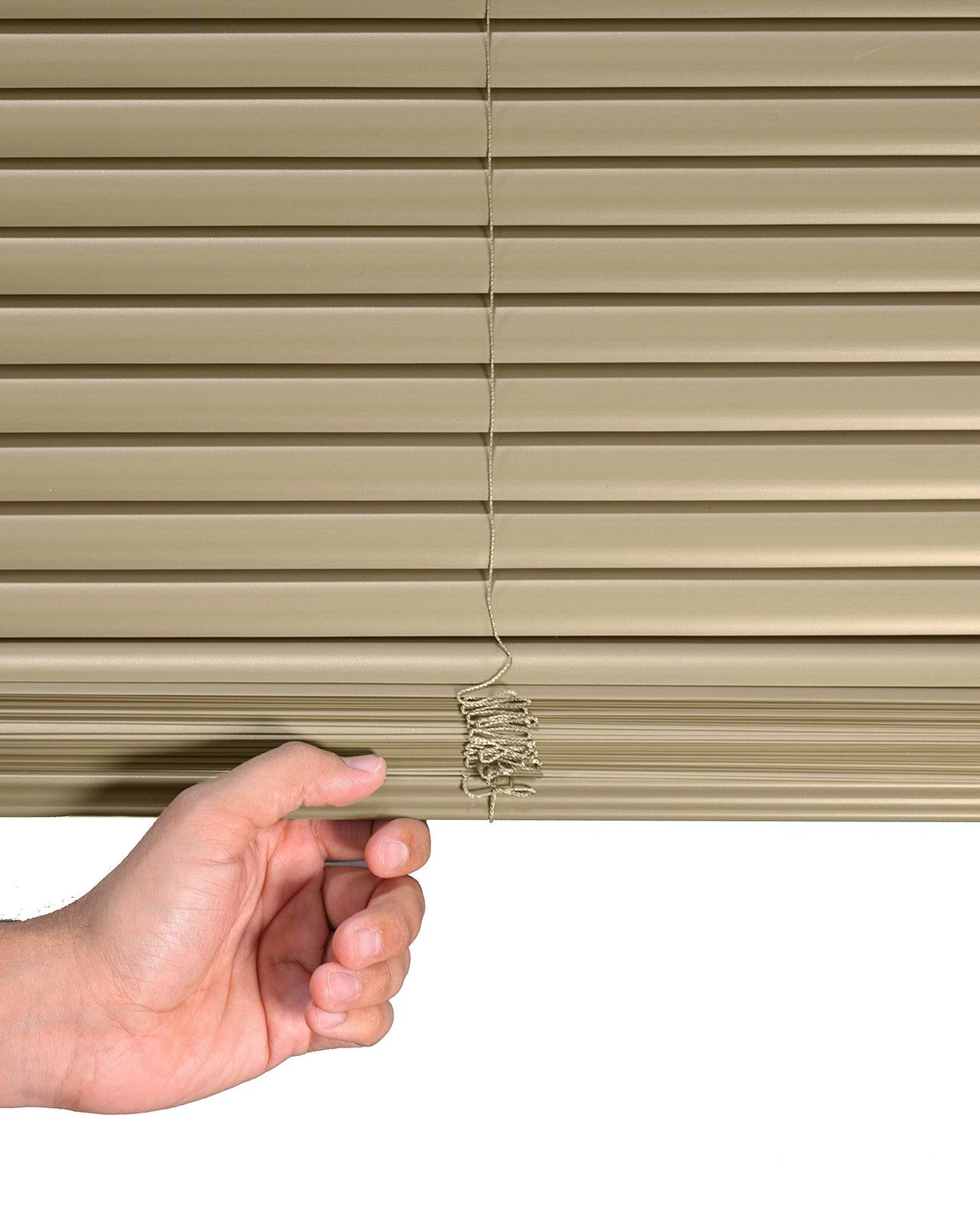 Chicology mini blinds for indoor windows in cappuccino color, measuring 38 inches wide by 60 inches high, with horizontal slats.