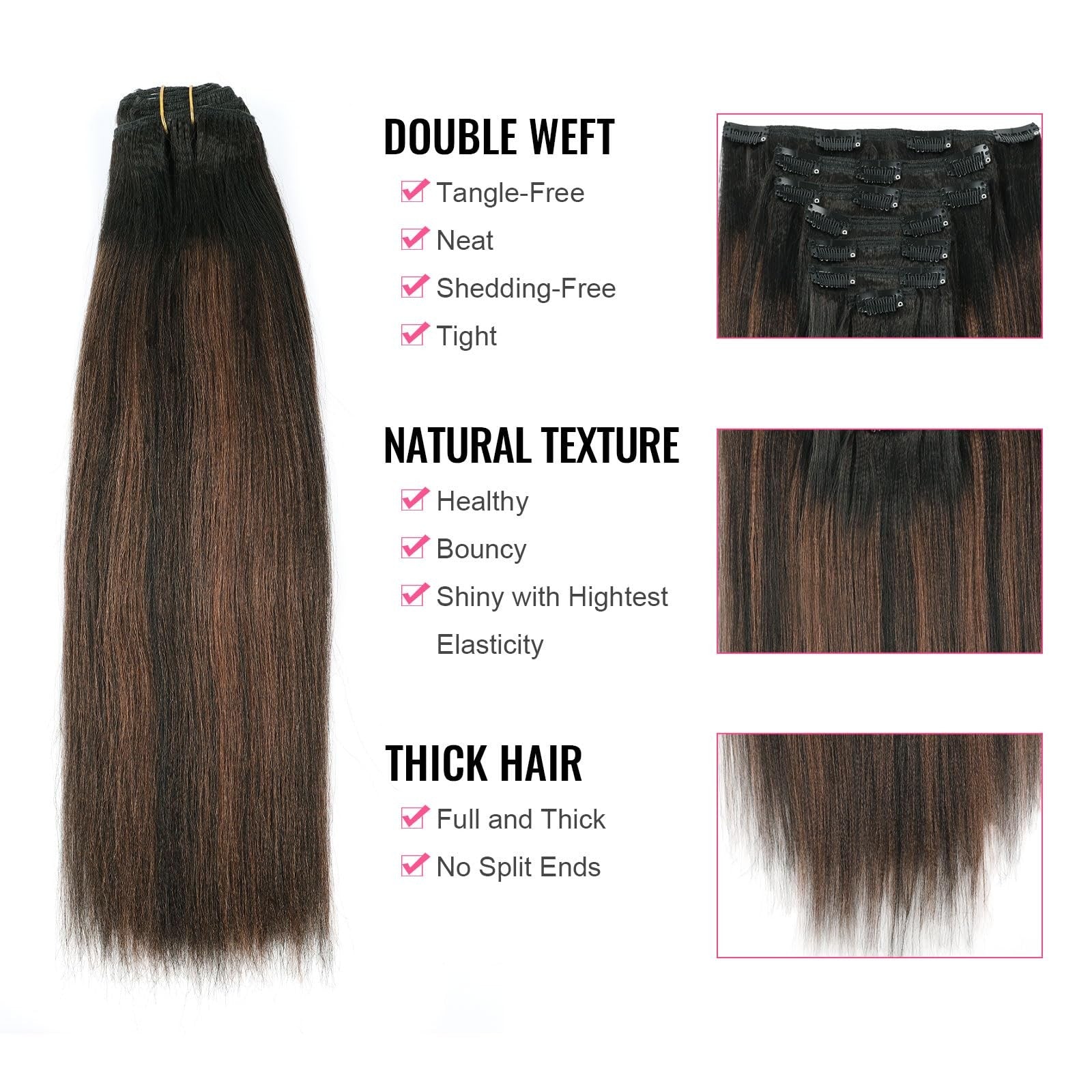 ABH AMAZINGBEAUTY HAIR Yaki Straight Clip-in extensions in rooted black and natural black with a piano finish, styled straight.