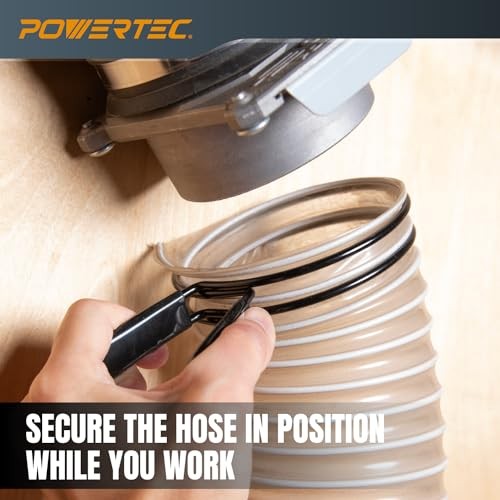 POWERTEC 4-inch double loop hose clamps for collection hoses and dryer vents, showing sturdy metal construction and screw tightening mechanism.