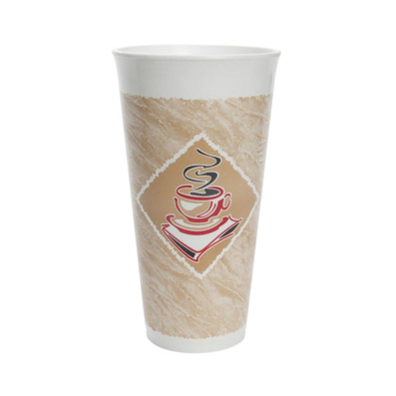 DART Dart 20 oz Cafe G Foam Cup, white disposable coffee cup in case of 500, with foam insulation and plastic lid.