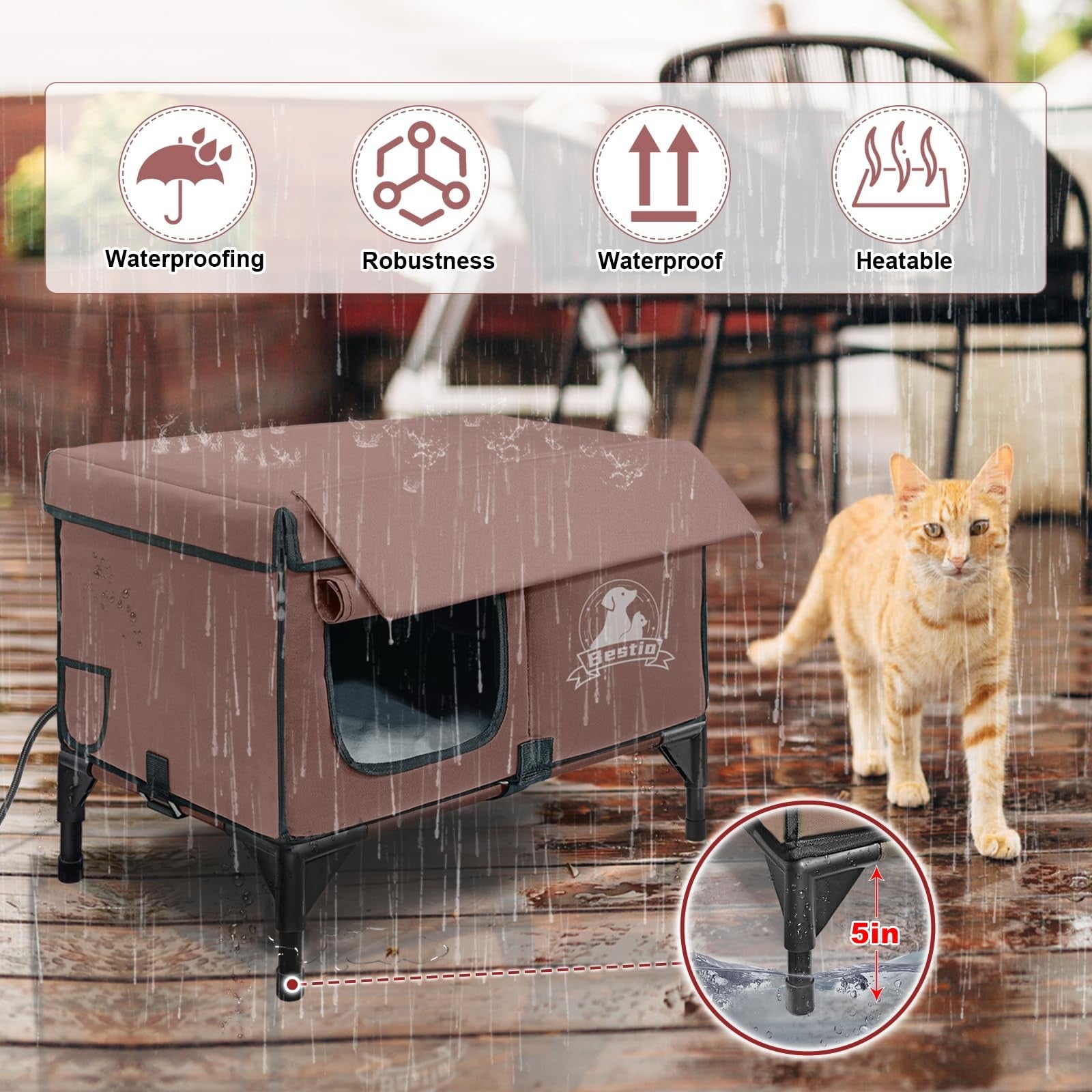 Heated outdoor cat house with elevated base and eave design by Bestio, providing shelter and warmth for outdoor cats.