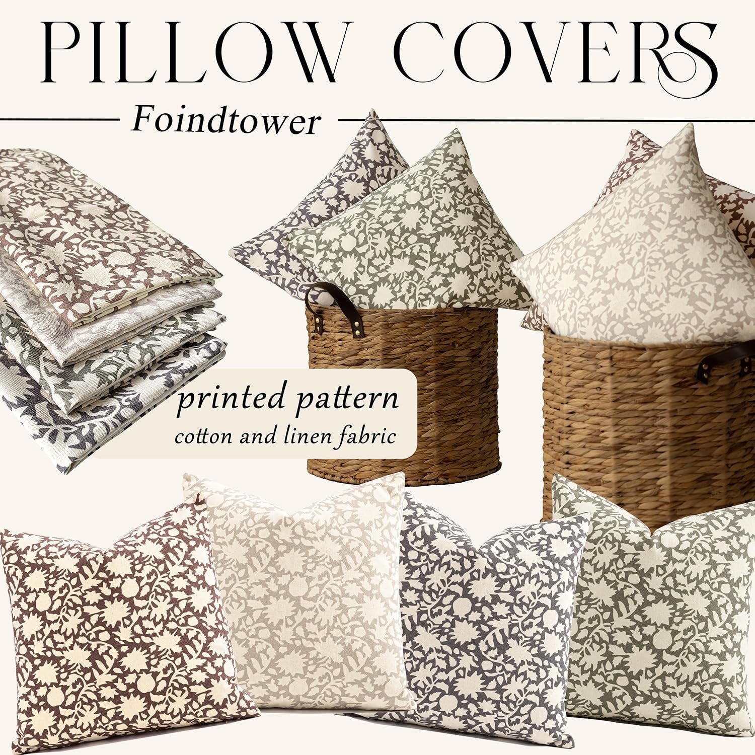 Foindtower set of 2 decorative floral throw pillow covers with neutral farmhouse-inspired design, featuring soft fabric and floral patterns.