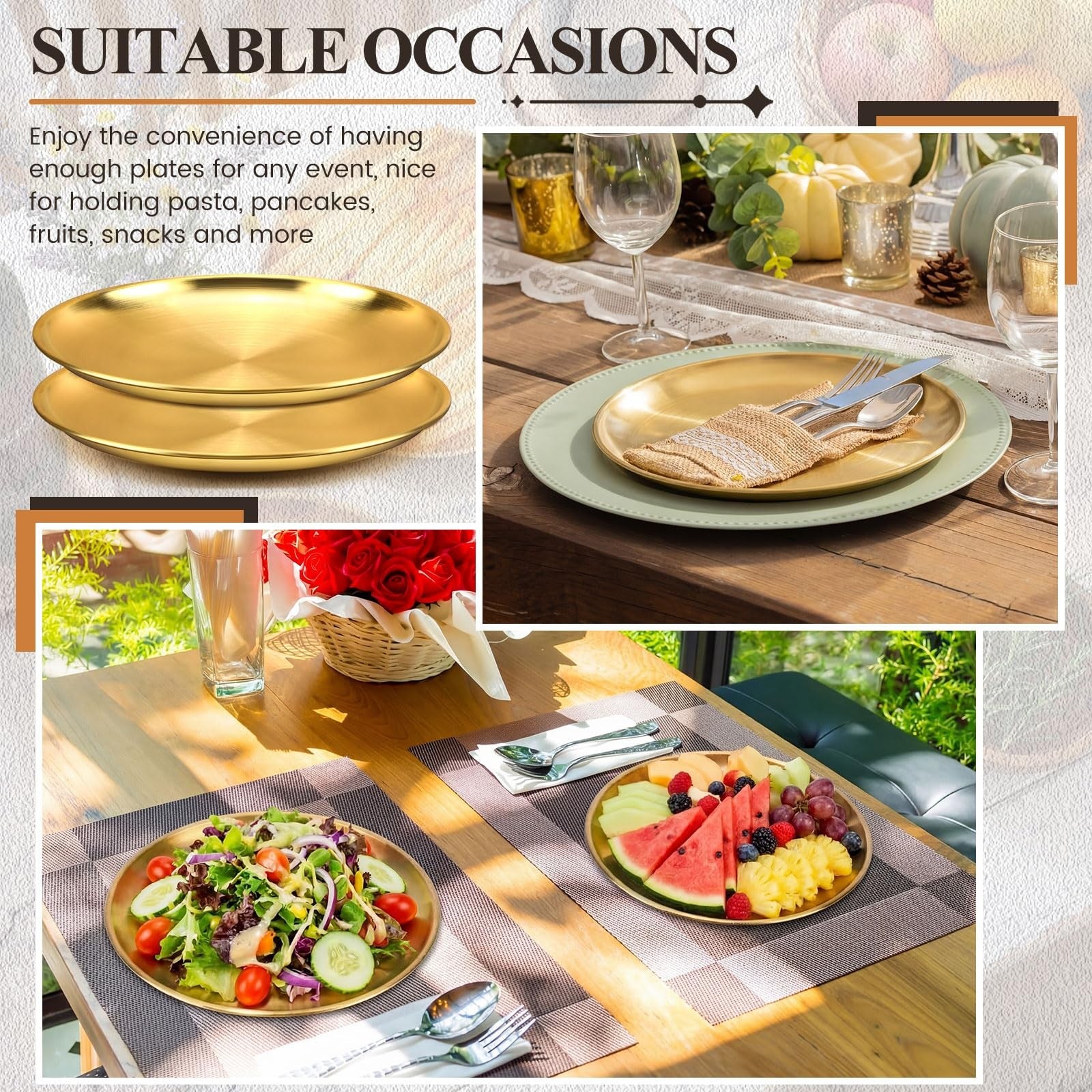 Nuogo 20-piece set of 9-inch stainless steel gold dinner plates, elegant metal serving plates for special occasions