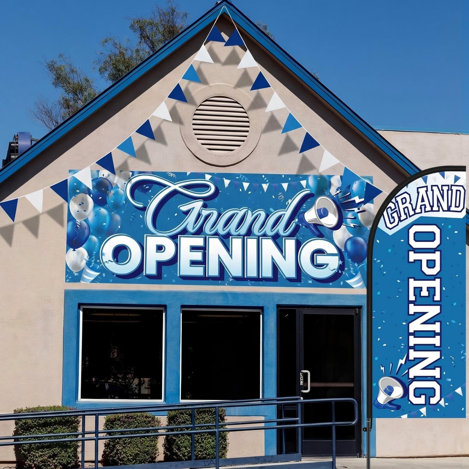 Fanfanwin 7 ft blue-white grand opening feather flag for business promotional event outdoors, featuring bold colors and fabric design.