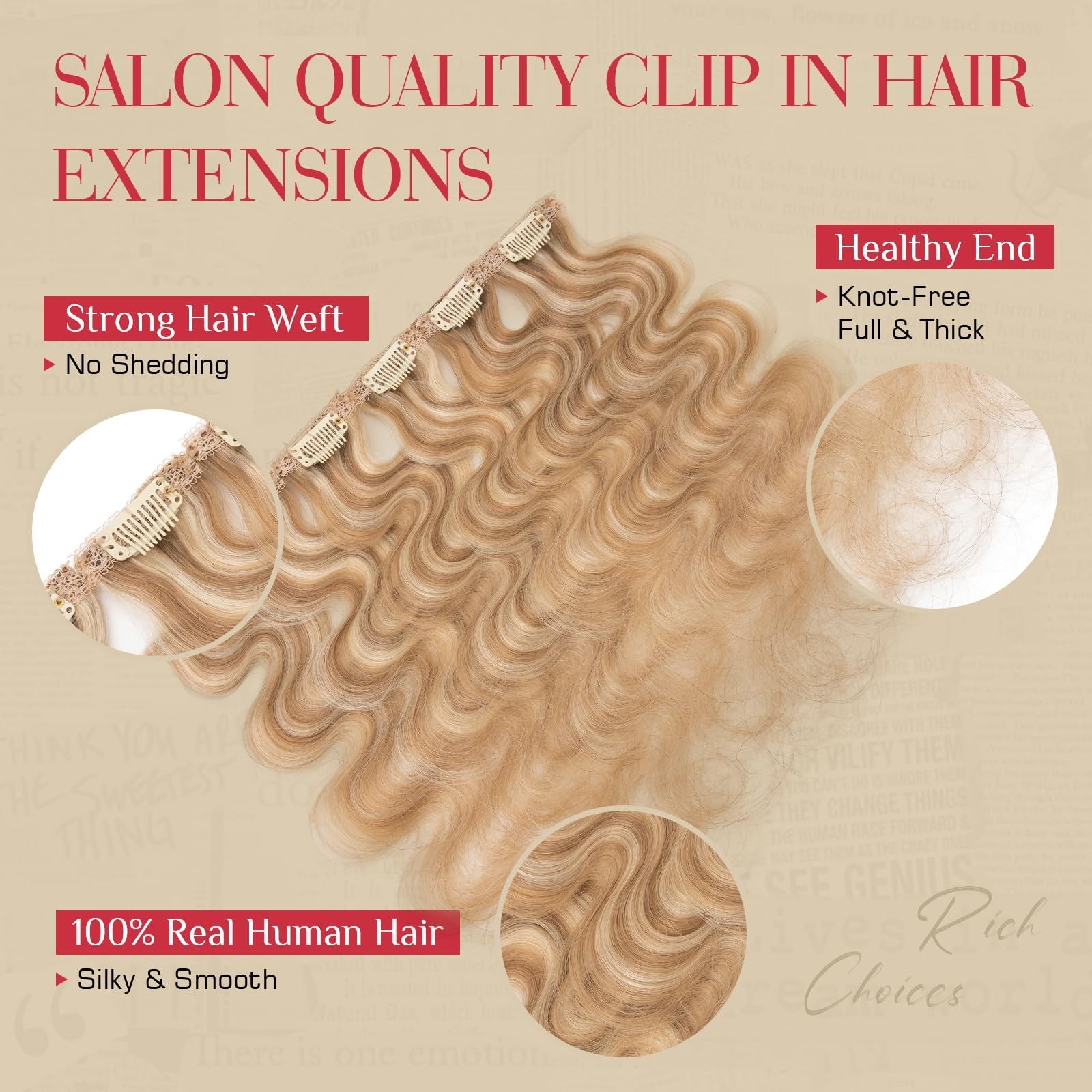 Rich Choices clip-in hair extension set with six natural human hair wave and curly clips, showcasing full, voluminous hair.
