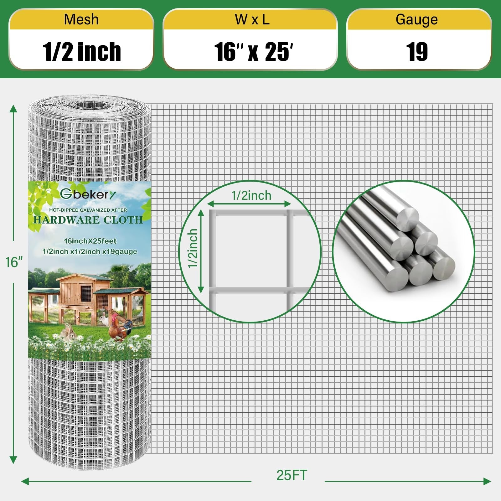 Gbekery hardware cloth with 1/2 inch mesh, 16in x 25ft, 19-gauge hot-dip galvanized wire for fencing and screening.