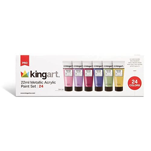 KINGART metallic acrylic paint set with 24 colorful tubes, each 0.74 oz, displayed in a storage container.