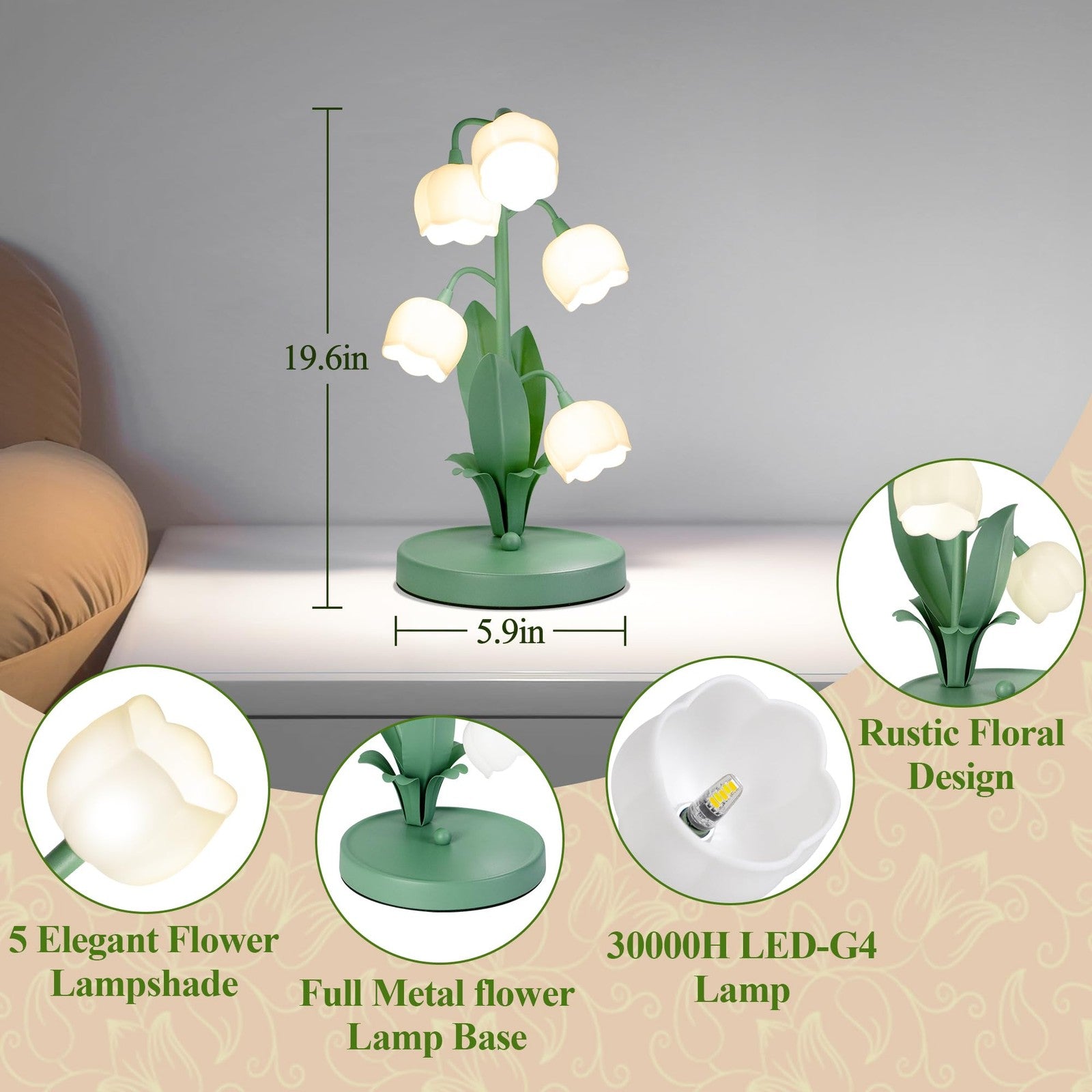 WERFOP Lily of The Valley green flower lamp with 3-color bedside night light, decorative floral decor for bedroom or living space