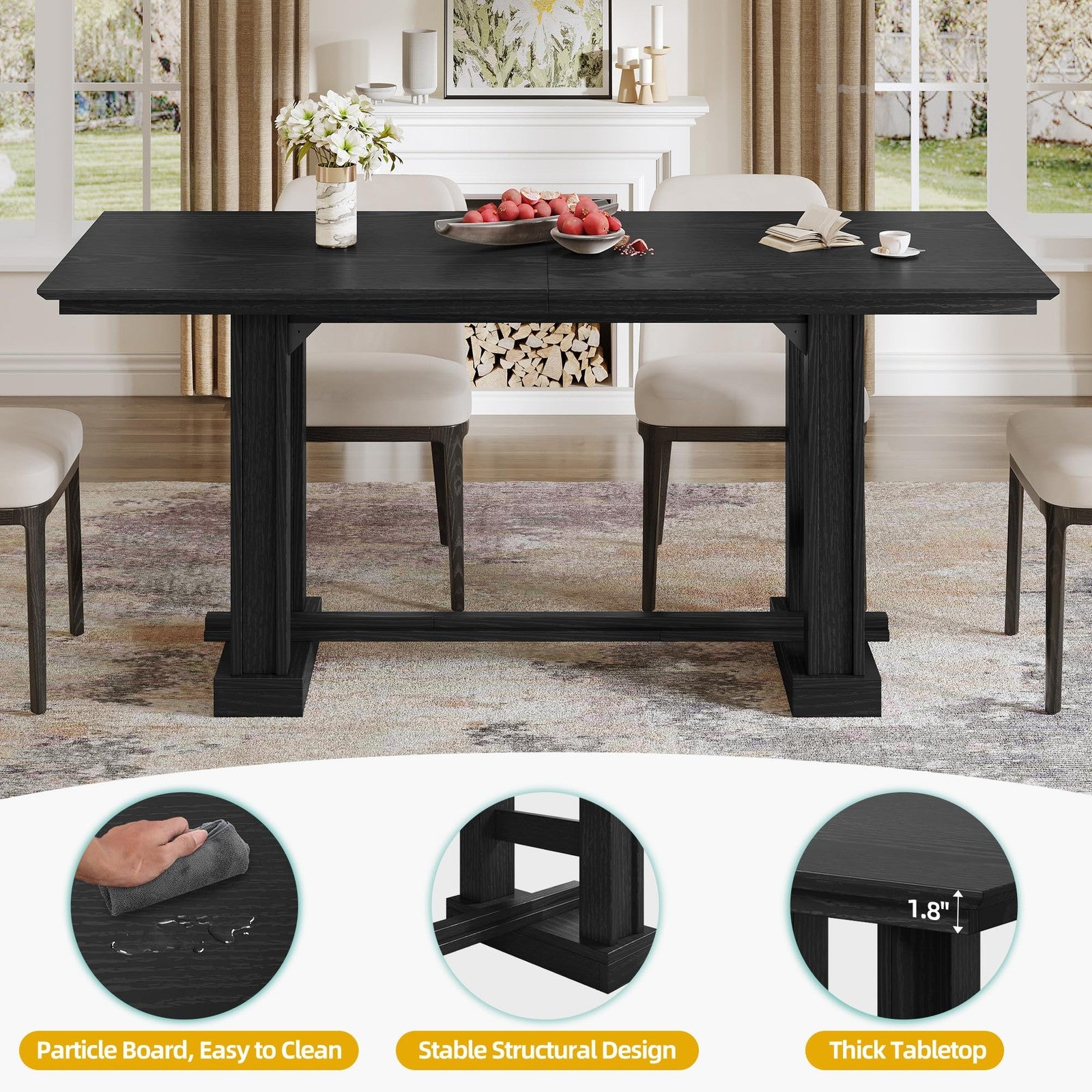 Wooden farmhouse dining table for 6-8 people, 70 inches long, sturdy kitchen table, unbranded dining room furniture