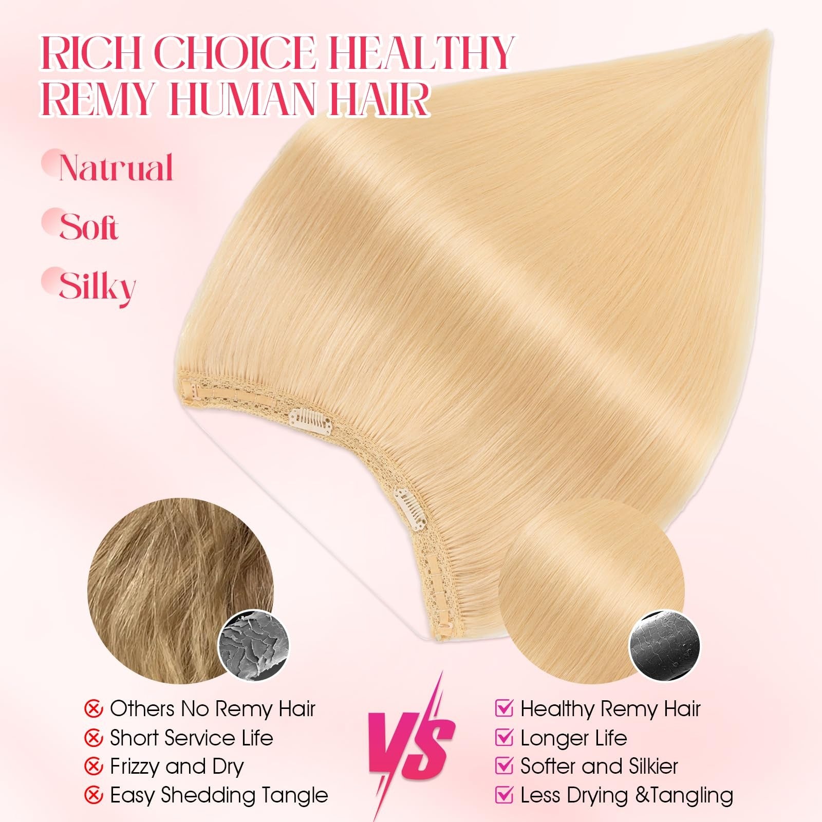 Rich Choices Halo Hair Extensions made of 100% Remy human hair, shown in a natural, layered style with smooth, shiny strands.