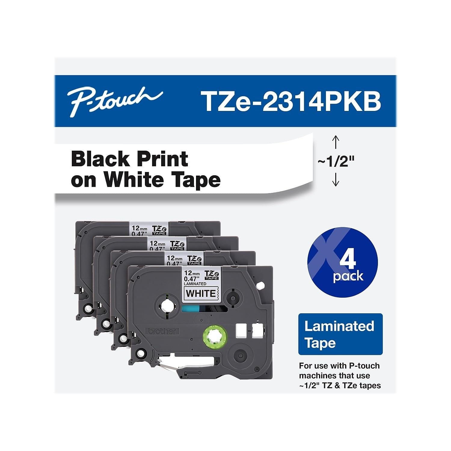 Brother Genuine P-Touch TZe-231 4-pack laminated label tapes, ½ inch black on white, 26 feet long each, for label makers.