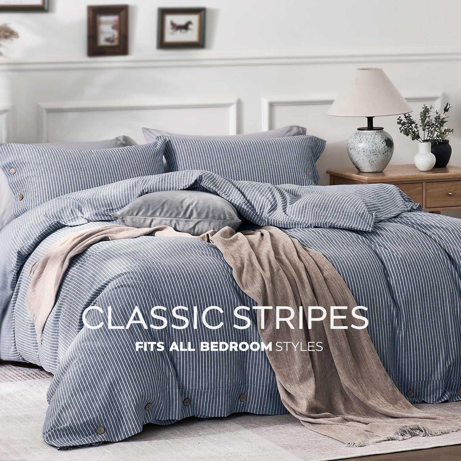 Blue vertical pinstriped Cotton duvet cover by JELLYMONI in king size, featuring a smooth, comfortable fabric and sleek design.