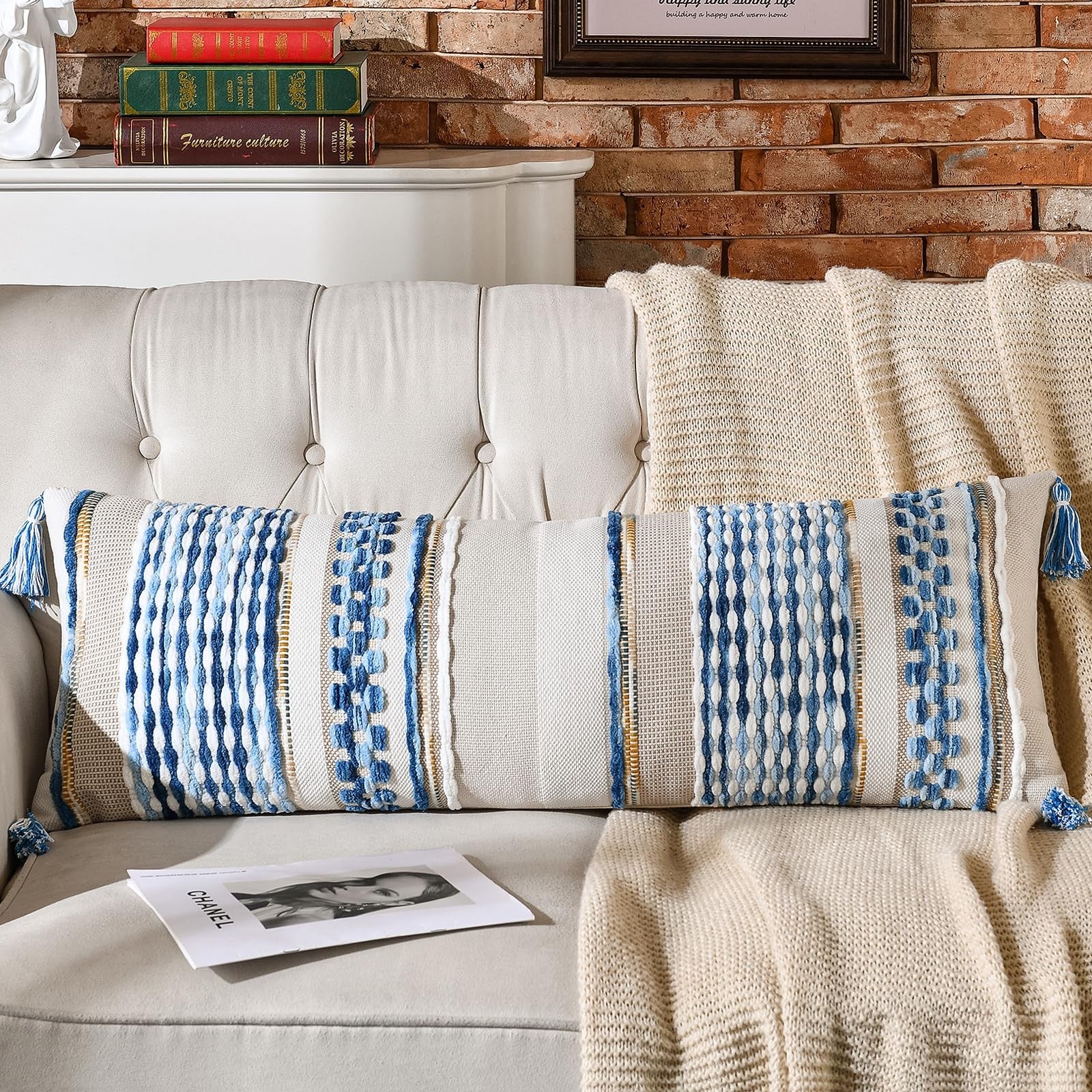 AmHoo chenille striped boho throw pillow cover with textured design and tassels, ideal for decorative couch or bed accents.