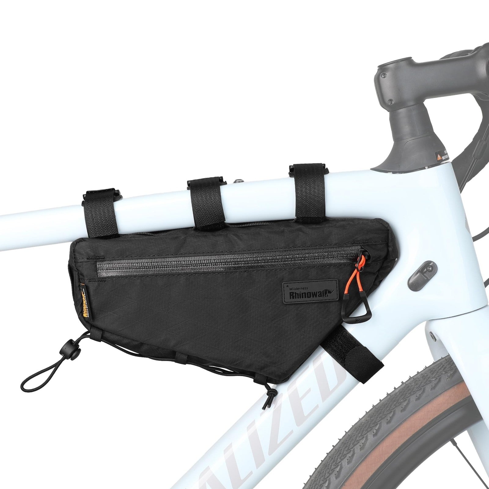 Rhinowalk waterproof bicycle frame bag with 1.7L capacity, nylon material, mounted on a mountain bike frame for cycling accessories.