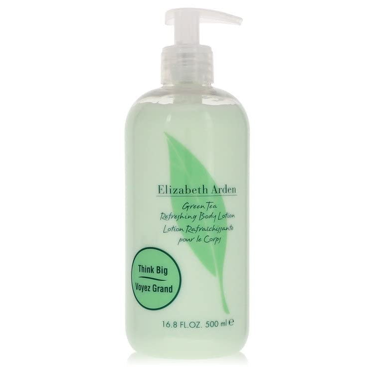 StarSun Depot Green Tea perfume bottle and Elizabeth body lotion in a 16.8 oz container, displayed with fresh green tea leaves.