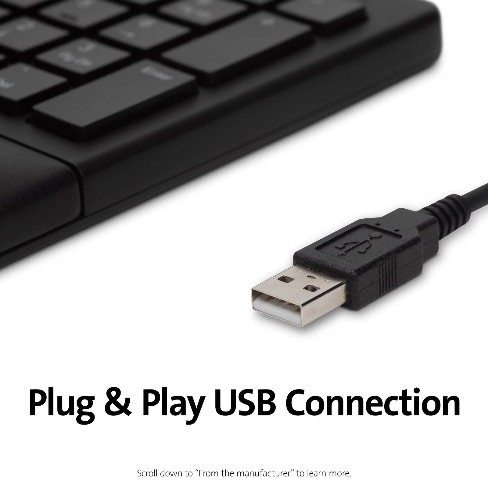 Kensington Pro Fit ergonomic wired keyboard in black with full-sized keys and a sleek design for comfortable typing.