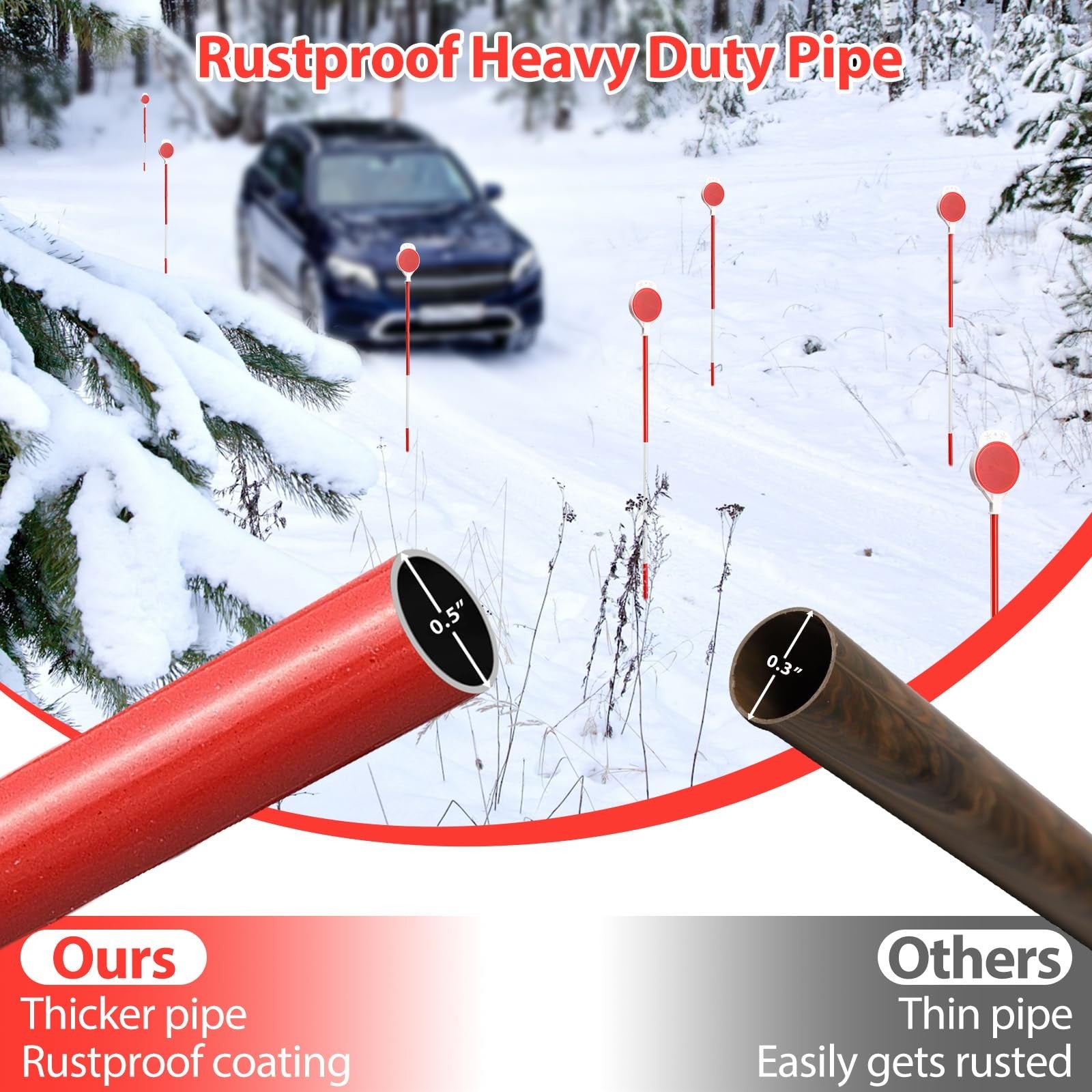 DEROFIT driveway markers 8-pack with 50-inch reflective snow stakes and installation bit, high-visibility for winter snow removal.