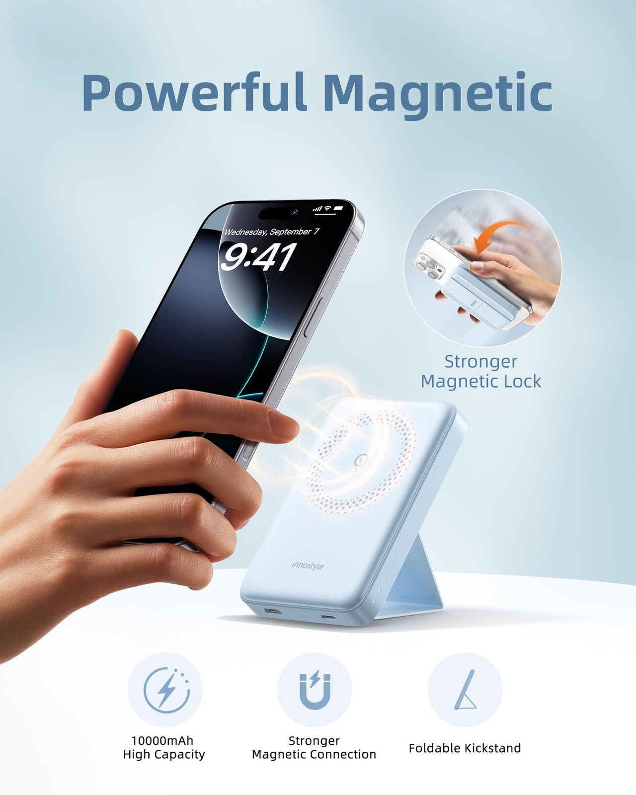 Innostyle 10,000mAh magnetic portable wireless charger with foldable stand and USB charging port, compact and sleek design