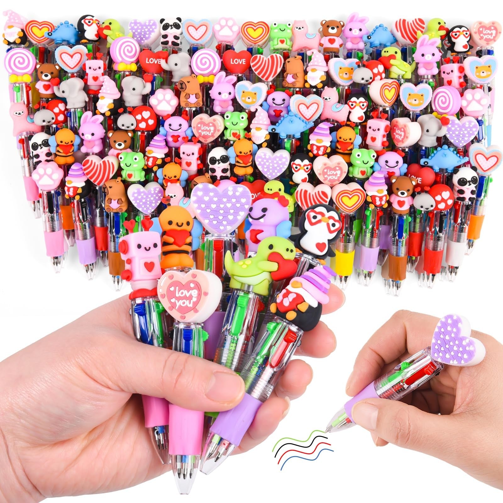 LiYiQ 100-pack Valentine's Day animal multicolor pens featuring cute cartoon designs, perfect for fun writing and gifting.