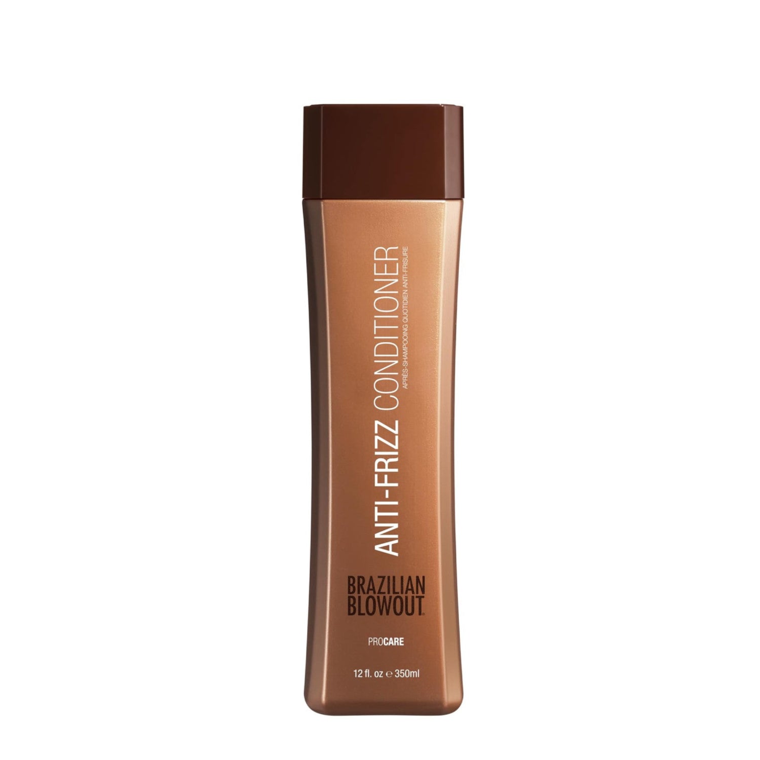 Brazilian Blowout anti-frizz conditioner bottle with 12 fl oz size, featuring sleek packaging and the brand logo.