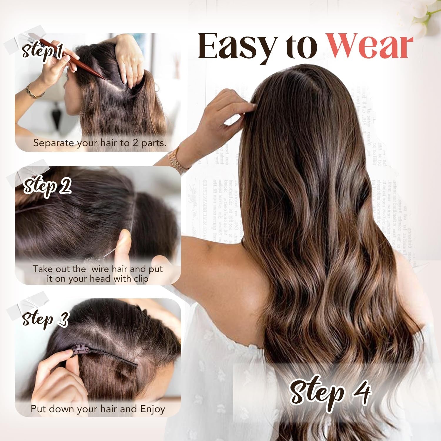 XDhair Invisible Wire Hair Extensions in natural black, real human hair, 70g, showcasing the seamless wire attachment and full length