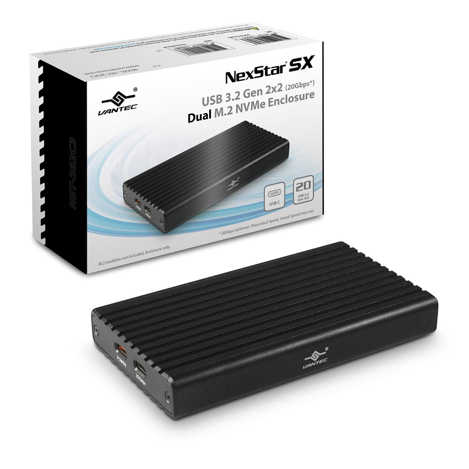 Vantec NexStar SX USB 3.2 Gen2x2 dual M.2 NVMe enclosure with USB-C port, black metal casing and cable included