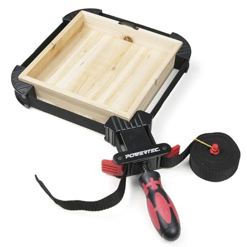 POWERTEC 72208 deluxe quick release strap clamp and spring clamp set for woodworking, showing clamps with adjustable handles and straps.