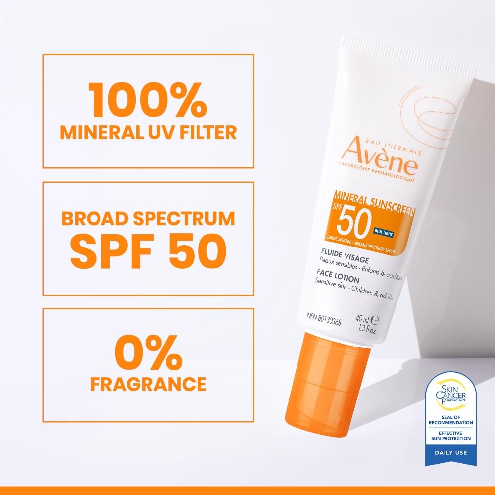 Avène Mineral Sunscreen SPF 50 face lotion with fast-absorbing, 100% mineral formula, shown in a tube with a flip cap.