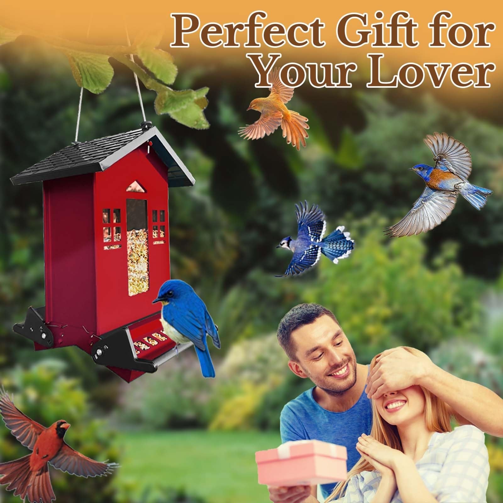 Red metal squirrel-proof bird feeder hanging outdoors, 6 lbs capacity, designed for attracting various bird species