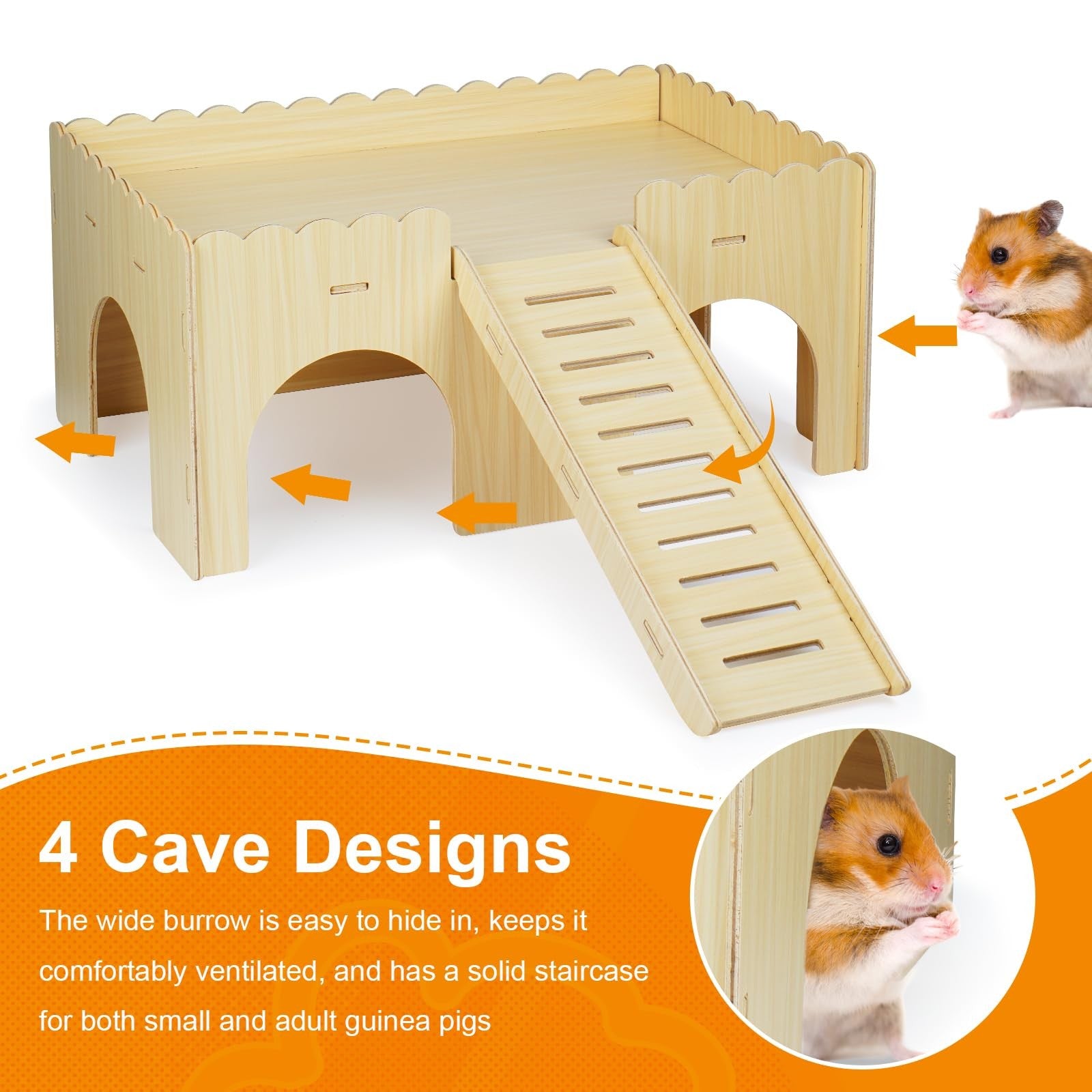 Qorviana large wooden guinea pig hideout with a ramp, upgraded guinea pig castle for cozy pet shelter and play area.