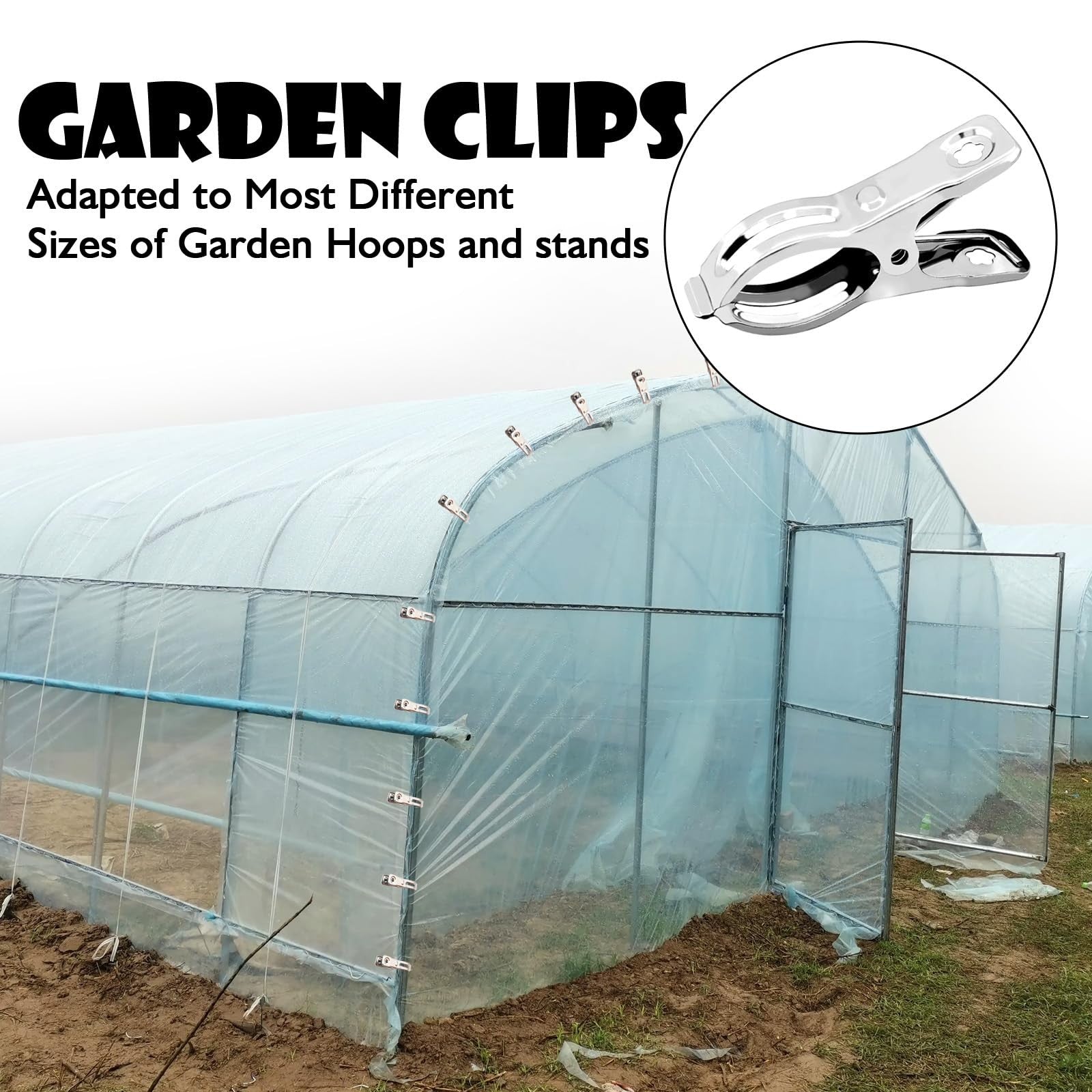 Set of 100 green garden clips and stainless steel clamps from BESTEEL, ideal for securing plants and greenhouse panels.