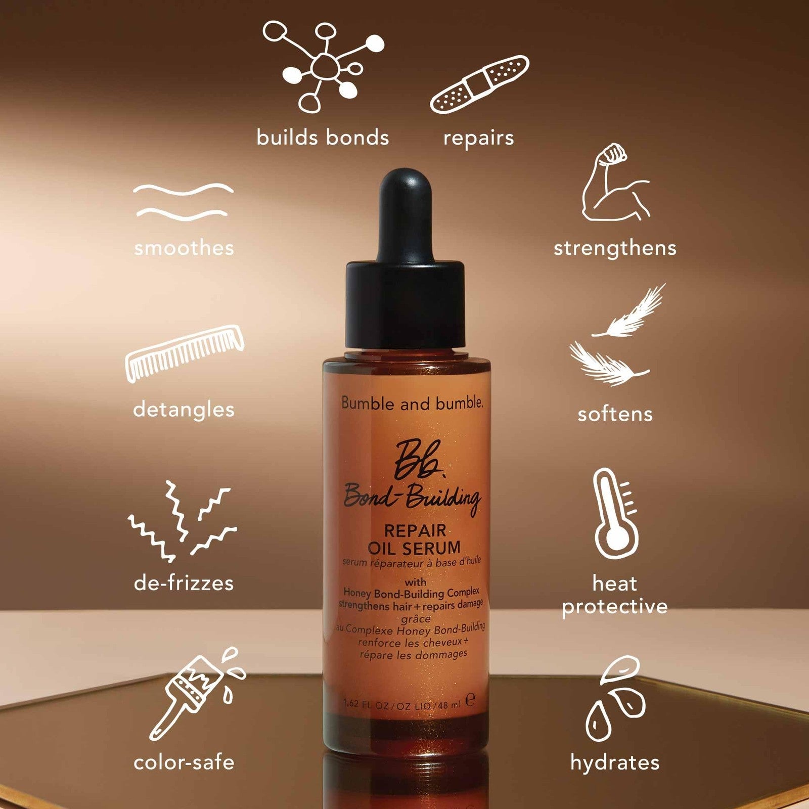 Bumble and bumble Bond-Building Hair Repair Oil Serum applied to damaged hair, showing a sleek hair strand with serum droplets.