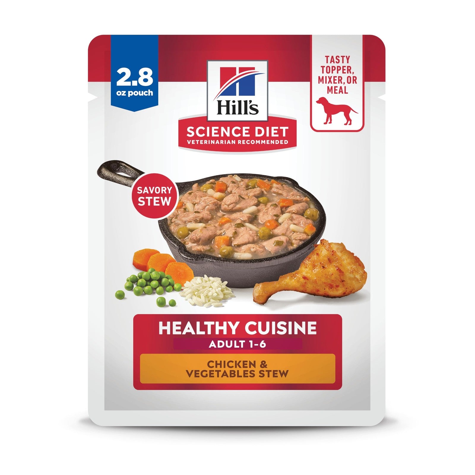 Canned Hill's Science Diet Adult 1-6 Healthy Cuisine wet dog food with chicken and vegetables in a serving bowl.