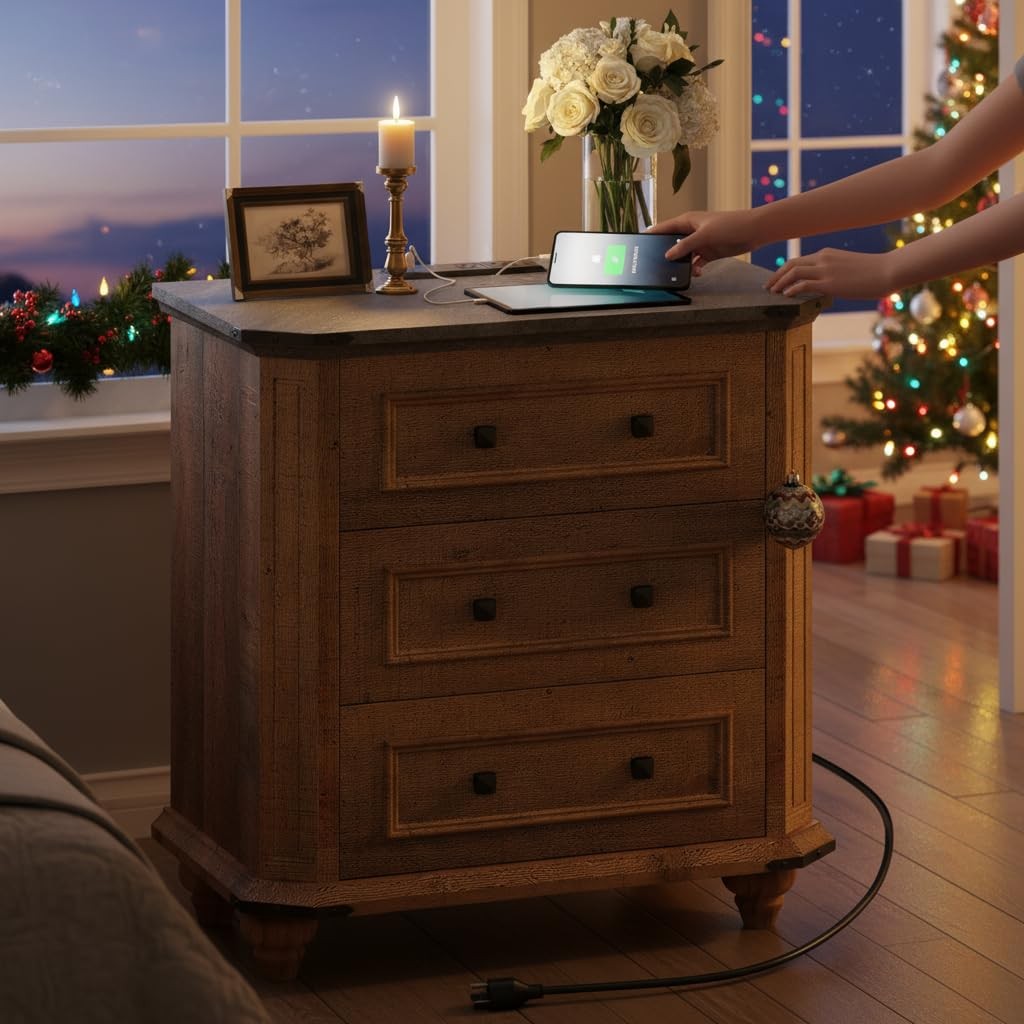 YITAHOME farmhouse nightstand set of 2 with charging stations, three-drawer side tables in rustic wood finish.
