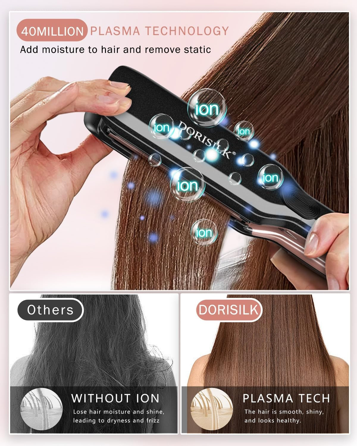DORISILK professional ceramic hair straightener with wide flat plates and 500°F high-temperature setting, used for styling hair.