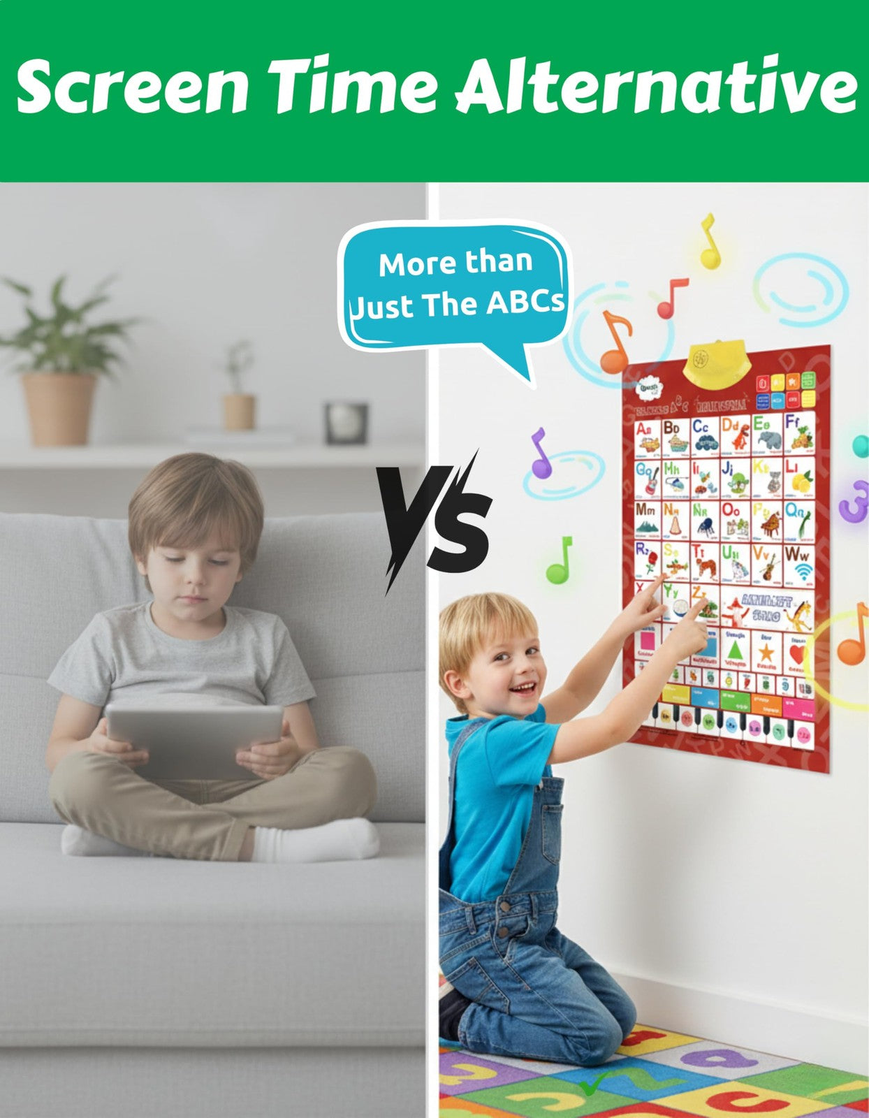 Boxiki Kids bilingual English and Spanish interactive alphabet wall chart with colorful letters and illustrations for kids' learning.