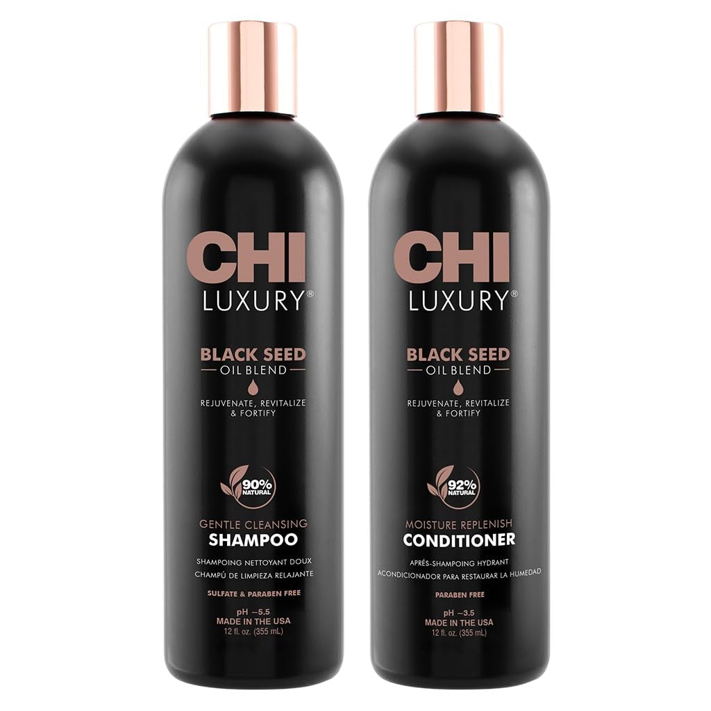 CHI Luxury Black Seed Oil Blend Gentle Cleansing Shampoo and Moisture Replenisher bottle showing the label and black bottle design.