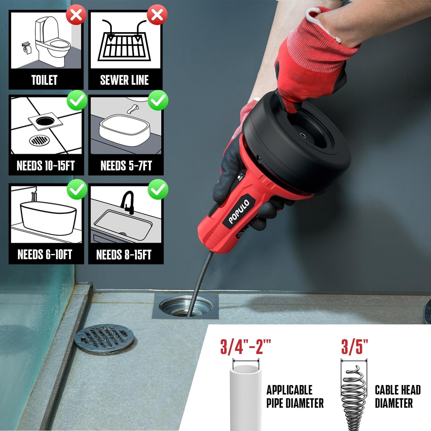 Populo 17ft auto-feed drain snake auger in use on a sink drain, showcasing its plumbing tool design for clearing clogs.