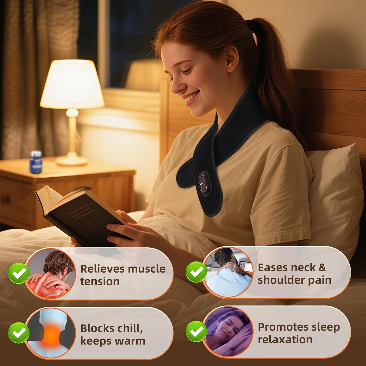 WoloyHeatie cordless neck heating pad with red and infrared light therapy, designed for pain relief and neck massage.